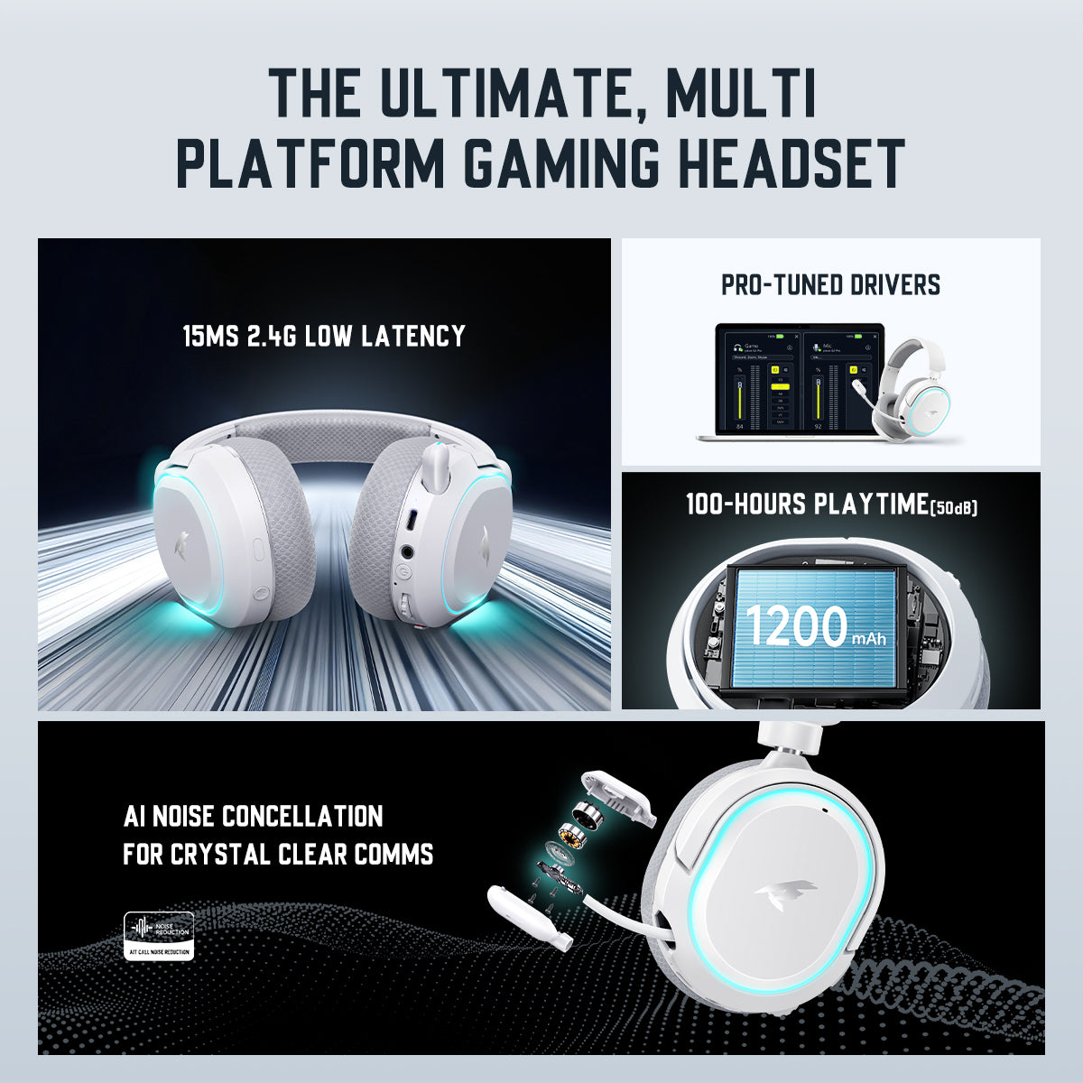 Picun G2 PRO Wireless Gaming Headset, Over-Ear 7.1 Virtual Surround Sound, 2.4GHz/Bluetooth 5.4/Wired, 5ms Ultra-Low Latency, 100H Battery, ENC Noise-Canceling Mic, RGB, for PC PS5 PS4 Switch