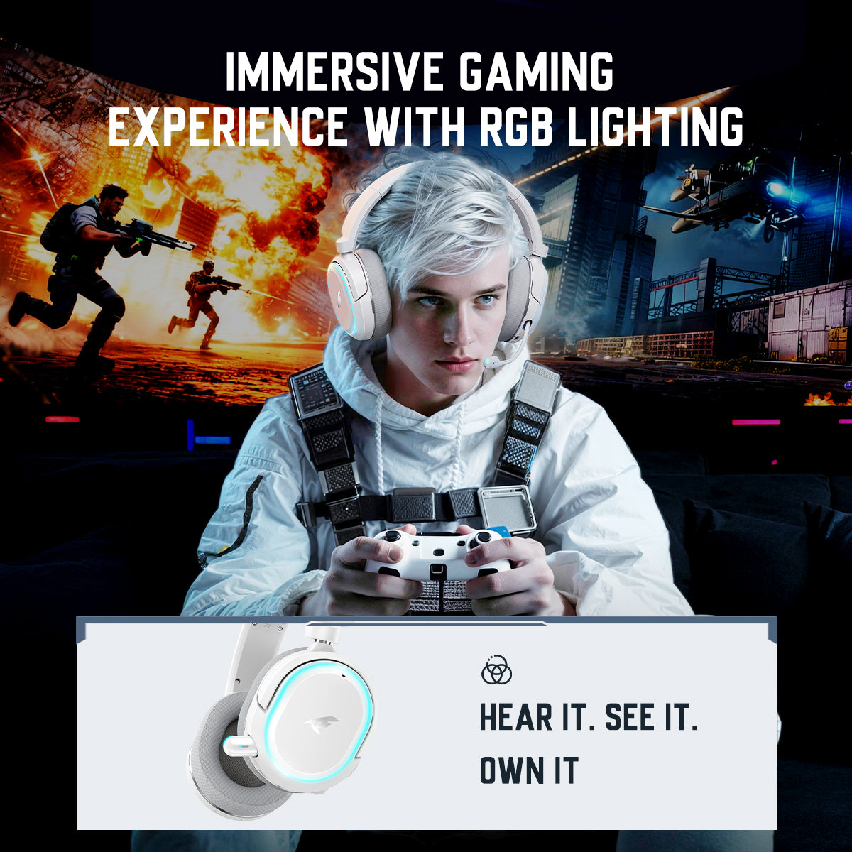 Picun G2 PRO Wireless Gaming Headset, Over-Ear 7.1 Virtual Surround Sound, 2.4GHz/Bluetooth 5.4/Wired, 5ms Ultra-Low Latency, 100H Battery, ENC Noise-Canceling Mic, RGB, for PC PS5 PS4 Switch